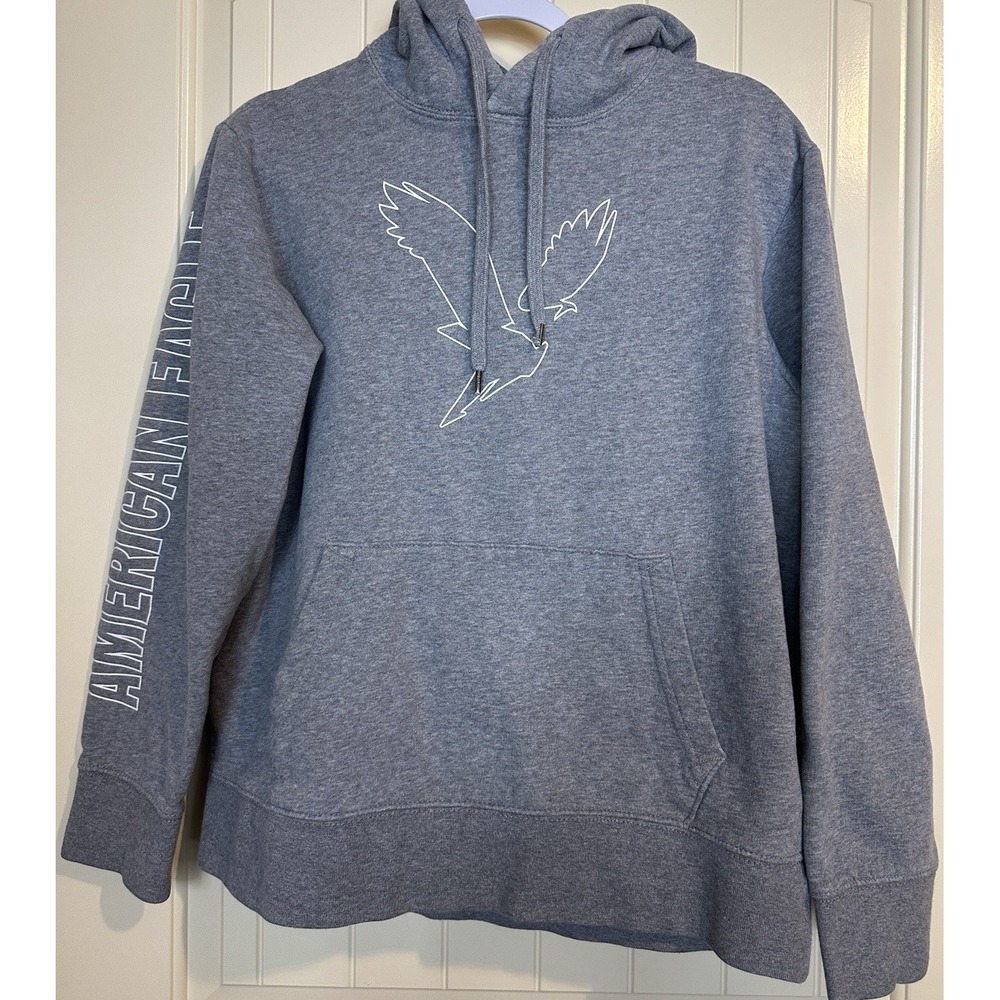 American Eagle Super Soft Hoodie Sweatshirt Gray Logo‎ Pullover Mens Medium GUC